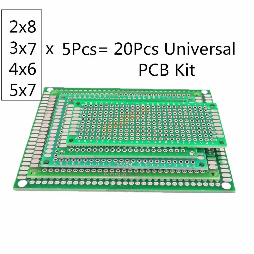 범용 PCB 키트 2x8 3x7 4x6 5x7 CM, 녹색 양면 프로토타입, 납땜 보드용 인쇄 회로 기판, 20 개